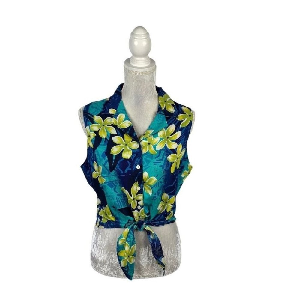 At Last Tropiqwear Tropical Hawaiian Cropped Button Up Top Tie Front Collar M